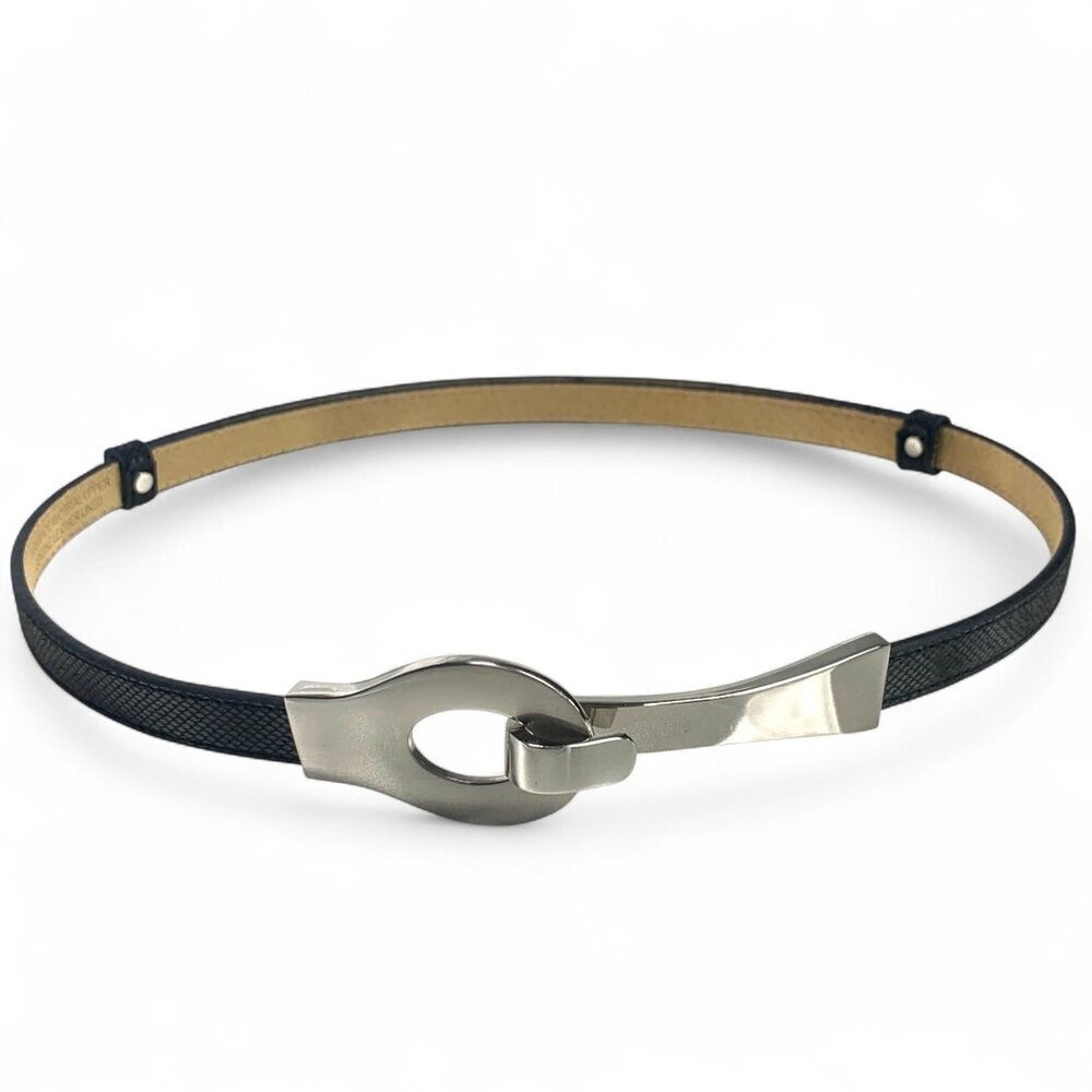 Black Slider Belt With Brushed Silver Metal Clasp Adjustable Leather Lined M/L